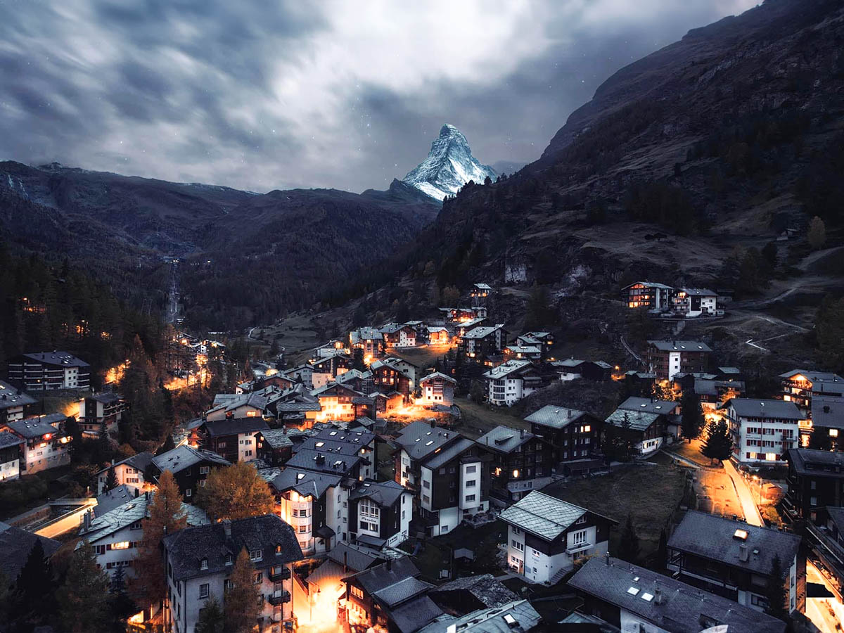 Night time view of Zermat with Matterhorn on the background